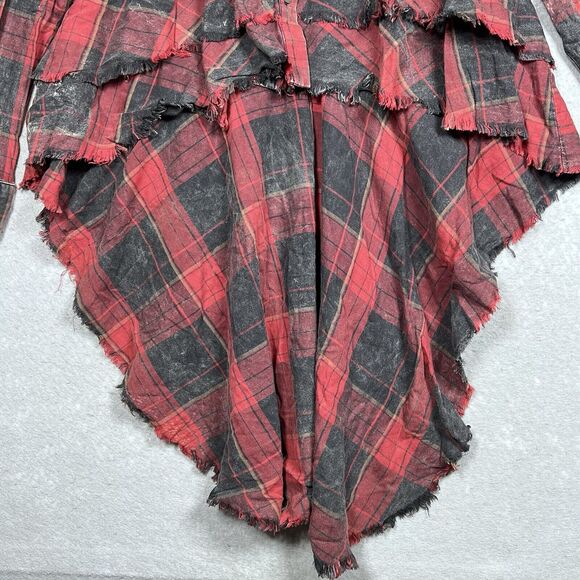 Zara Shirt Womens Medium Red & Black Plaid Button Up High Low Stud Accent Ruffle - Picture 4 of 11
